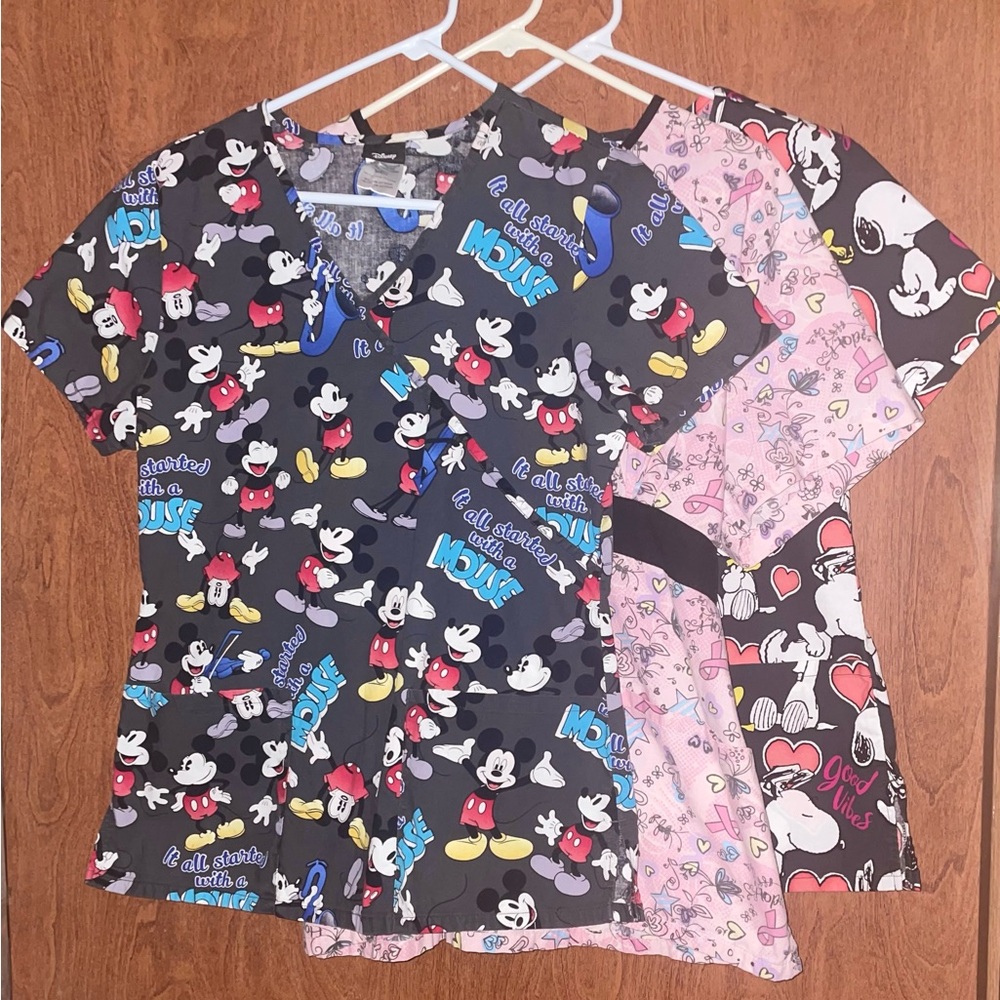 3 Scrubs Sm Disney Mickey Mouse~Peanuts Snoopy~TAB NY Breast Cancer Awareness